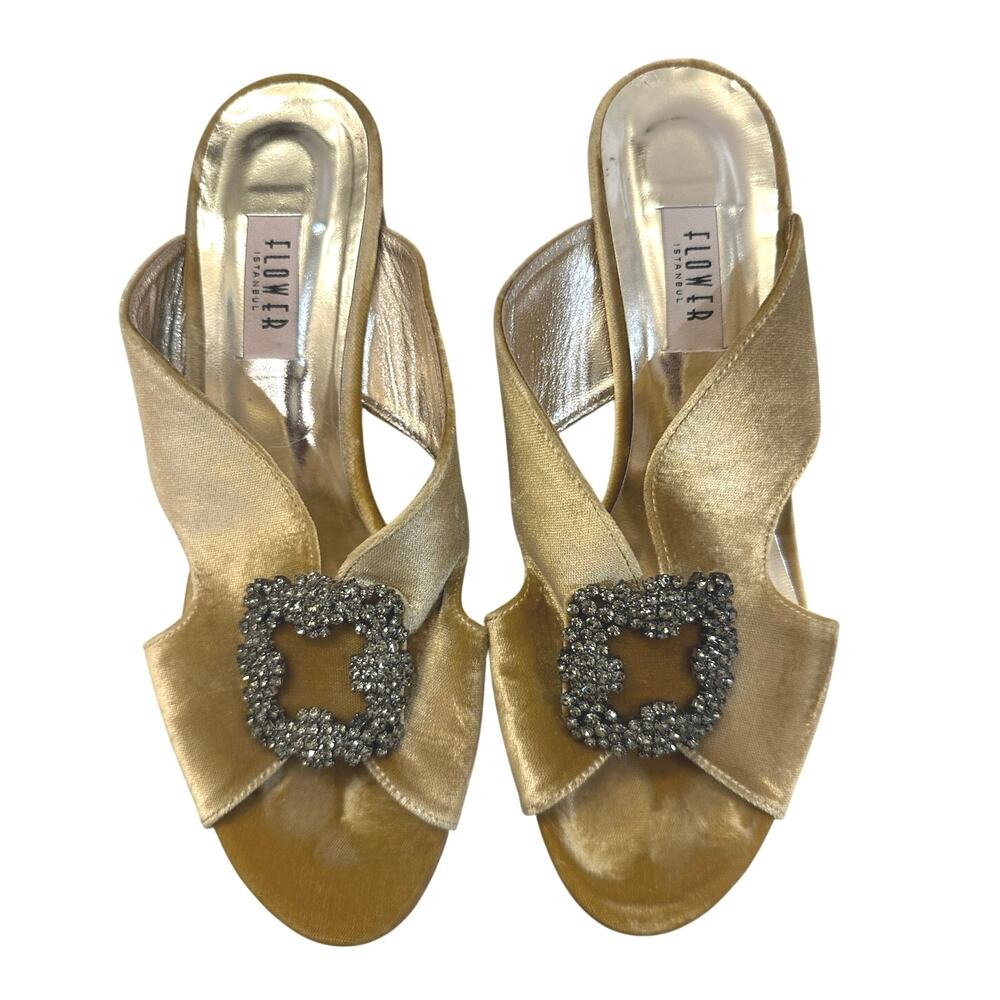 Flower Ayakkabi Istanbul- Gold Velvet Embellished Heels - Size 40 (US 10)